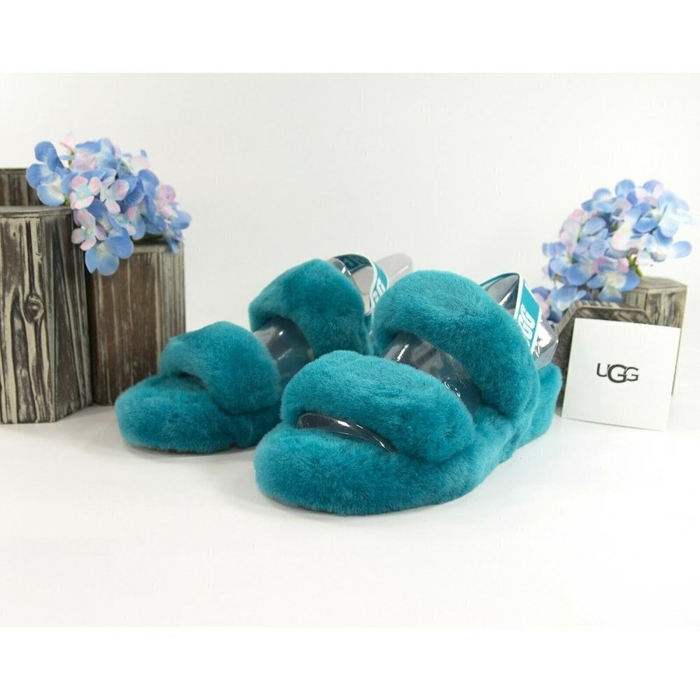 UGG Fluff Oh Yea Aqua Blue Sheepskin Fur Slippers Slides Sandals NIB - Picture 1 of 11